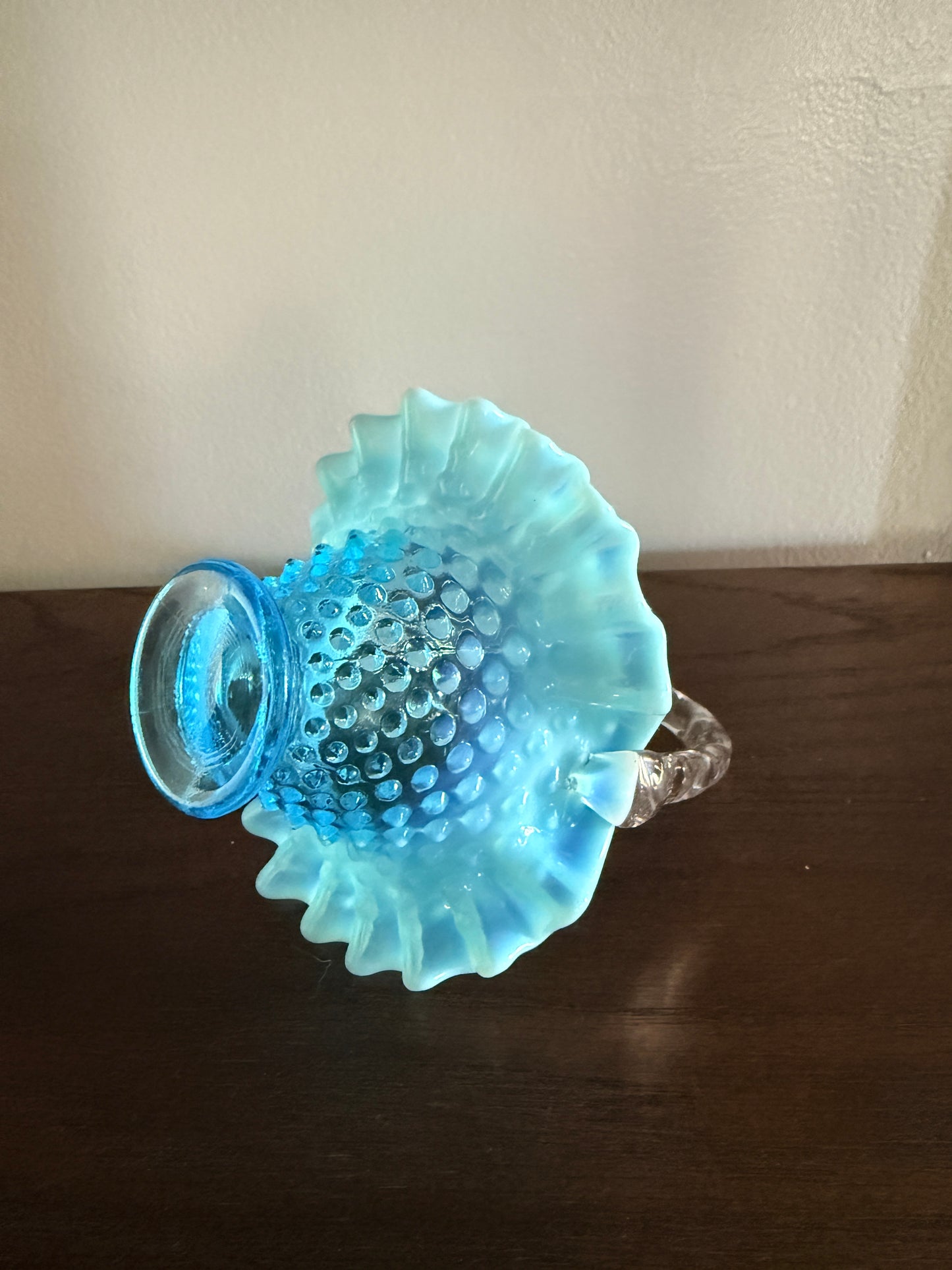 Fenton hobnail blue opalescent mini basket