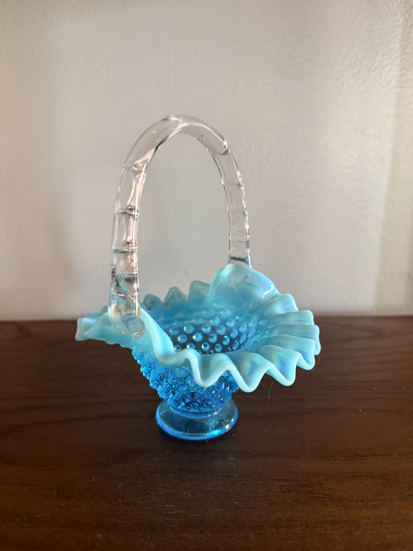 Fenton hobnail blue opalescent mini basket