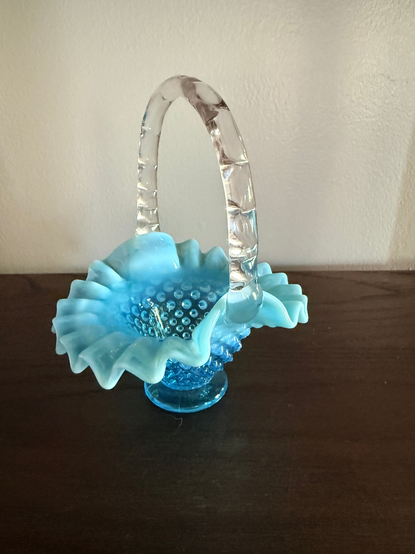 Fenton hobnail blue opalescent mini basket