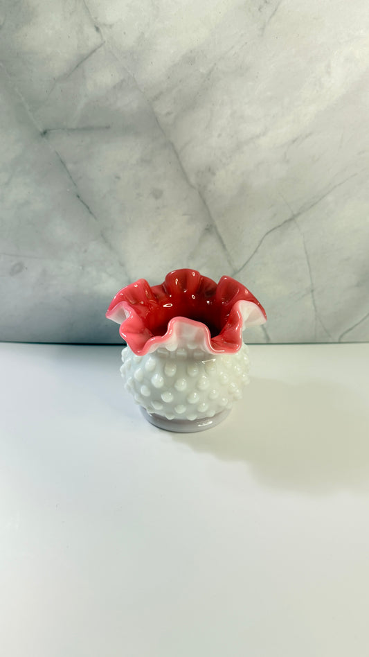 Fenton Milk Glass Hobnail Pink encased mini ruffled vase