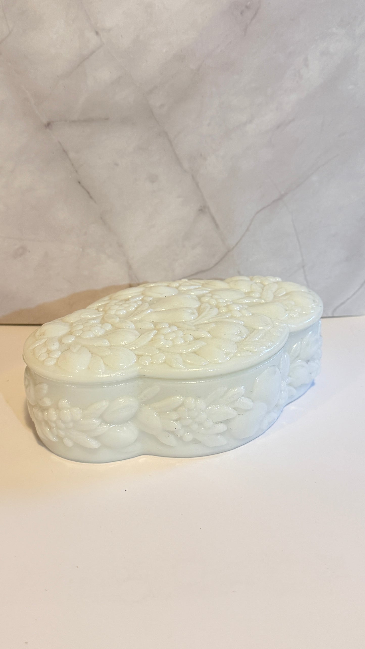 Westmoreland Milk Glass Fruit Floral Embossed Powder Dish