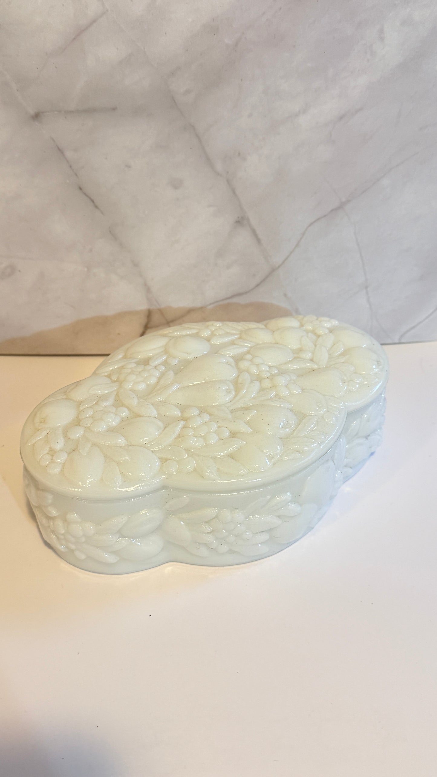 Westmoreland Milk Glass Fruit Floral Embossed Powder Dish