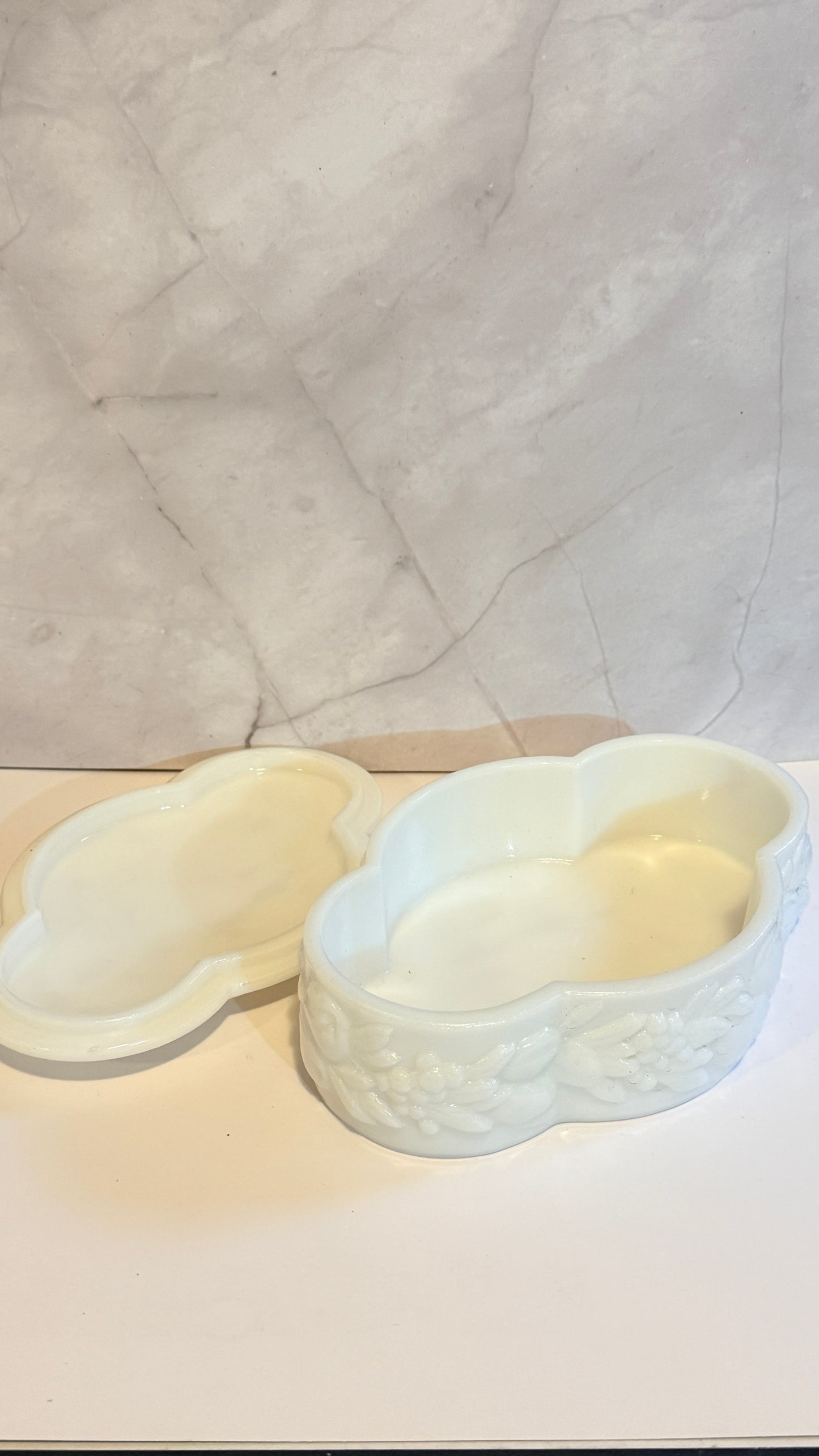 Westmoreland Milk Glass Fruit Floral Embossed Powder Dish