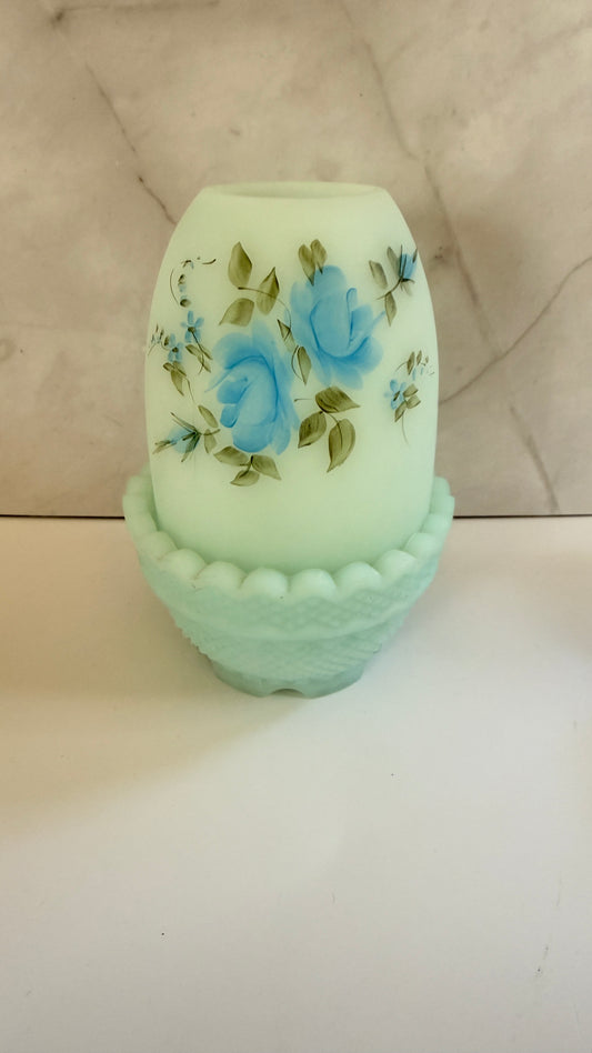 Fenton Satin Glass with Blue Roses Fairy Lamp