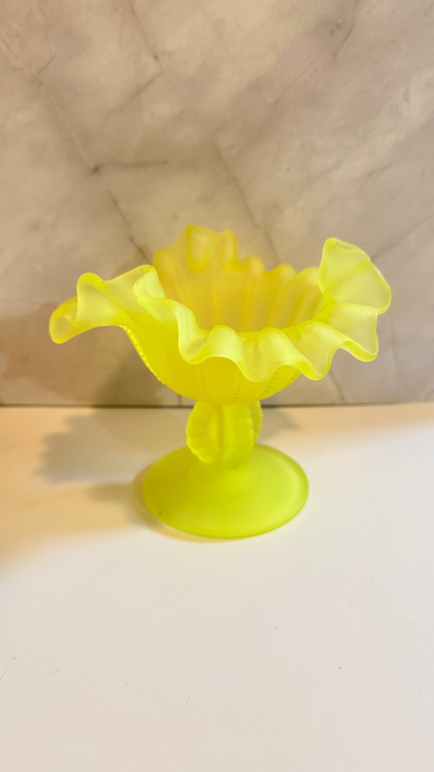 LG Wright Vaseline Ruffled Beaded Compote