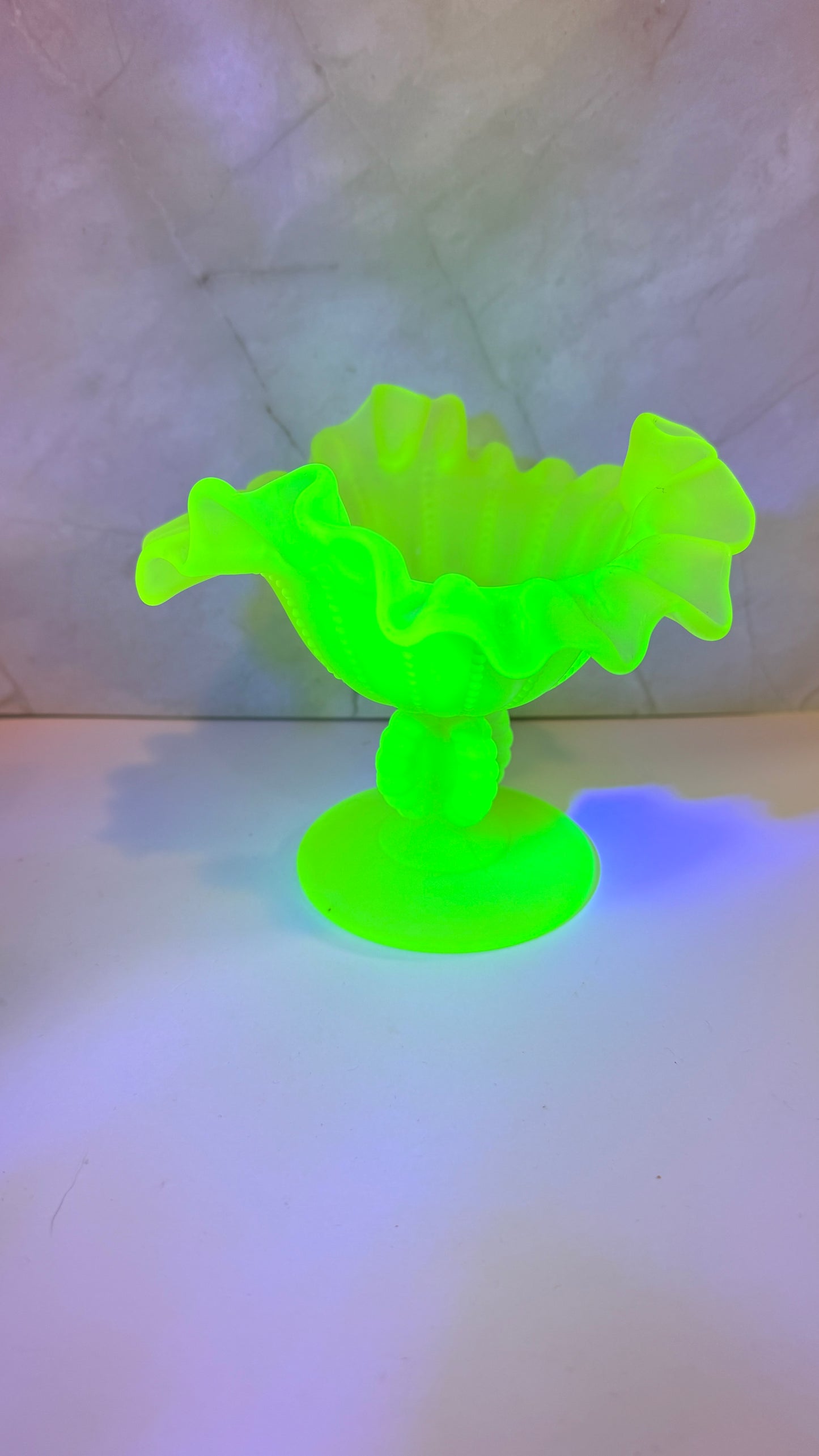 LG Wright Vaseline Ruffled Beaded Compote