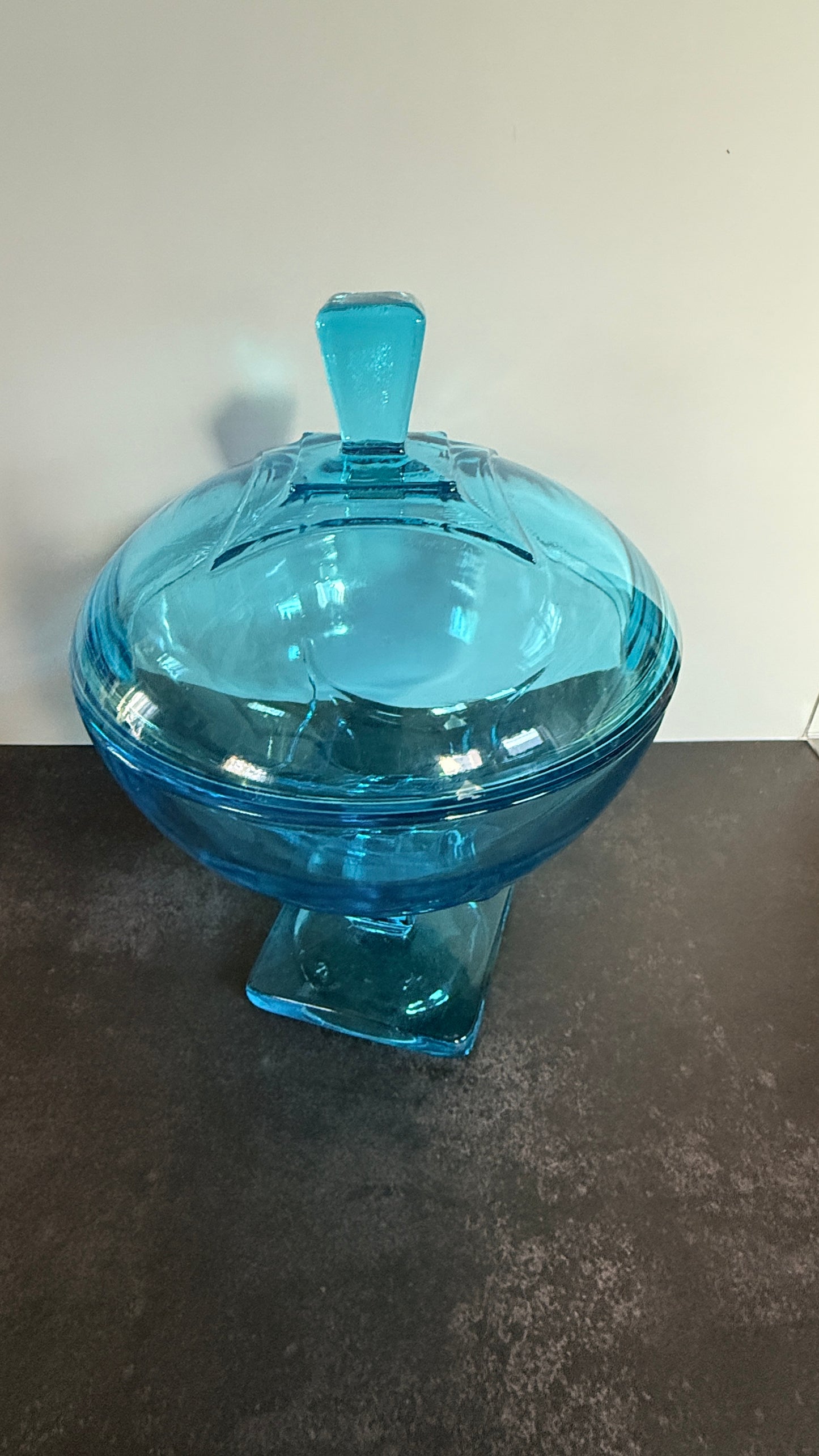 Hazel Atlas Capri Blue Lidded Candy Dish