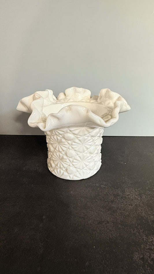 Fenton Milk GlassDaisy & Button Ruffled Vase/Planter