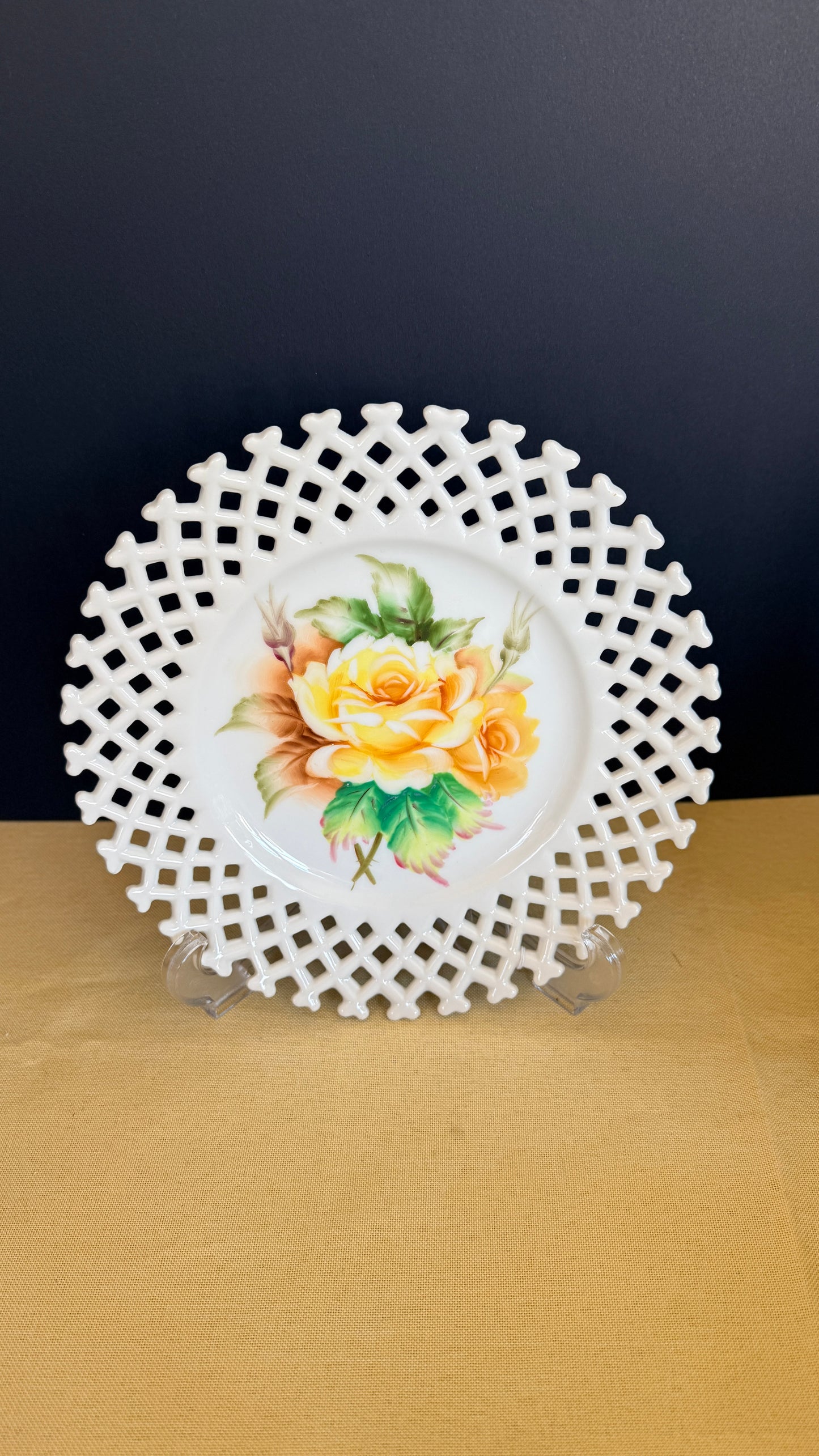 Lefton Milk Glass Lattice Trim Yellow Rose Plate