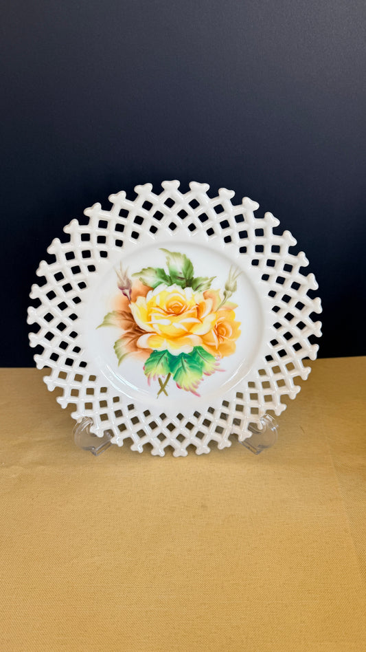 Lefton Milk Glass Lattice Trim Yellow Rose Plate