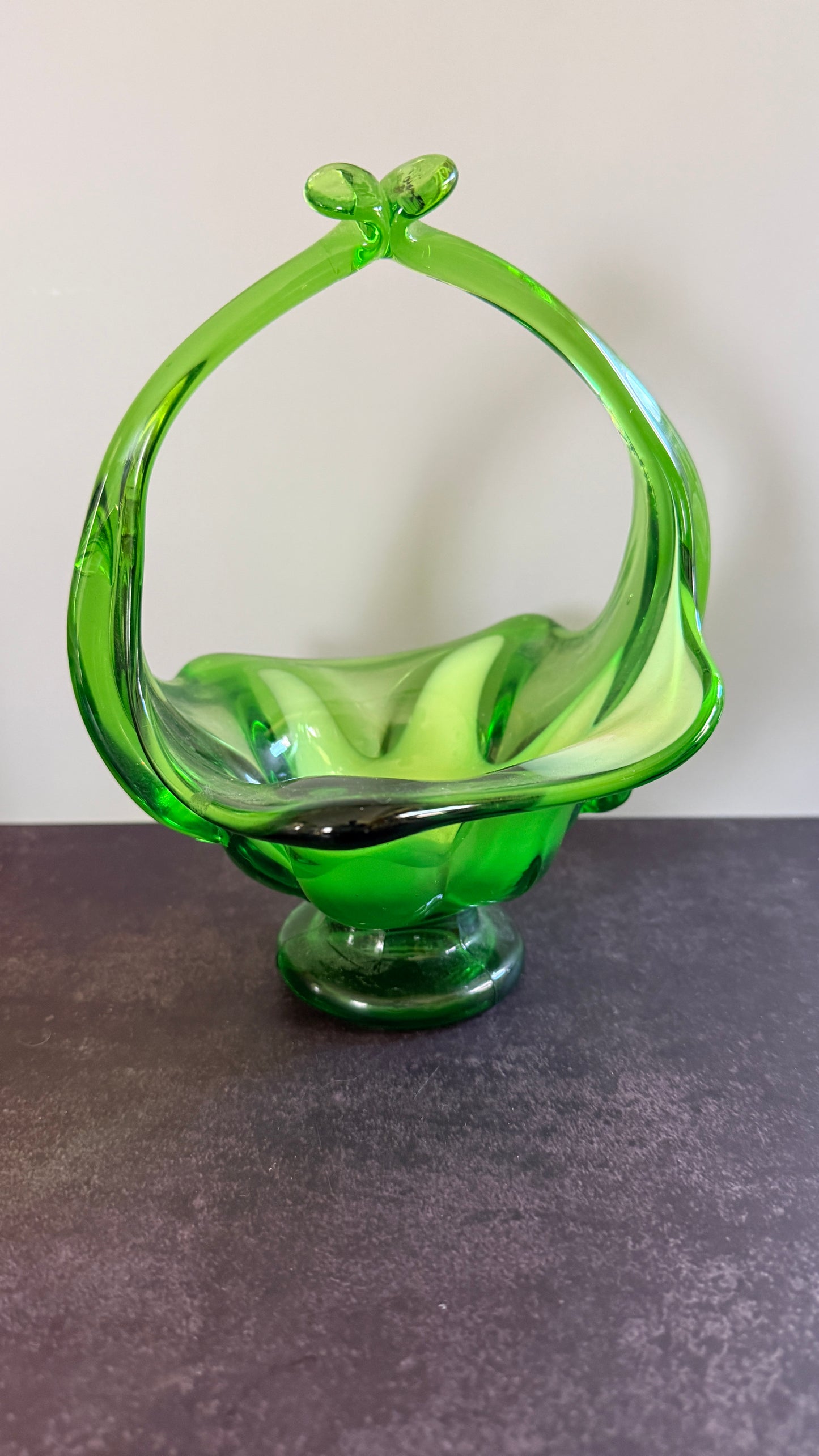 Czech Green Swirt Glass Basket