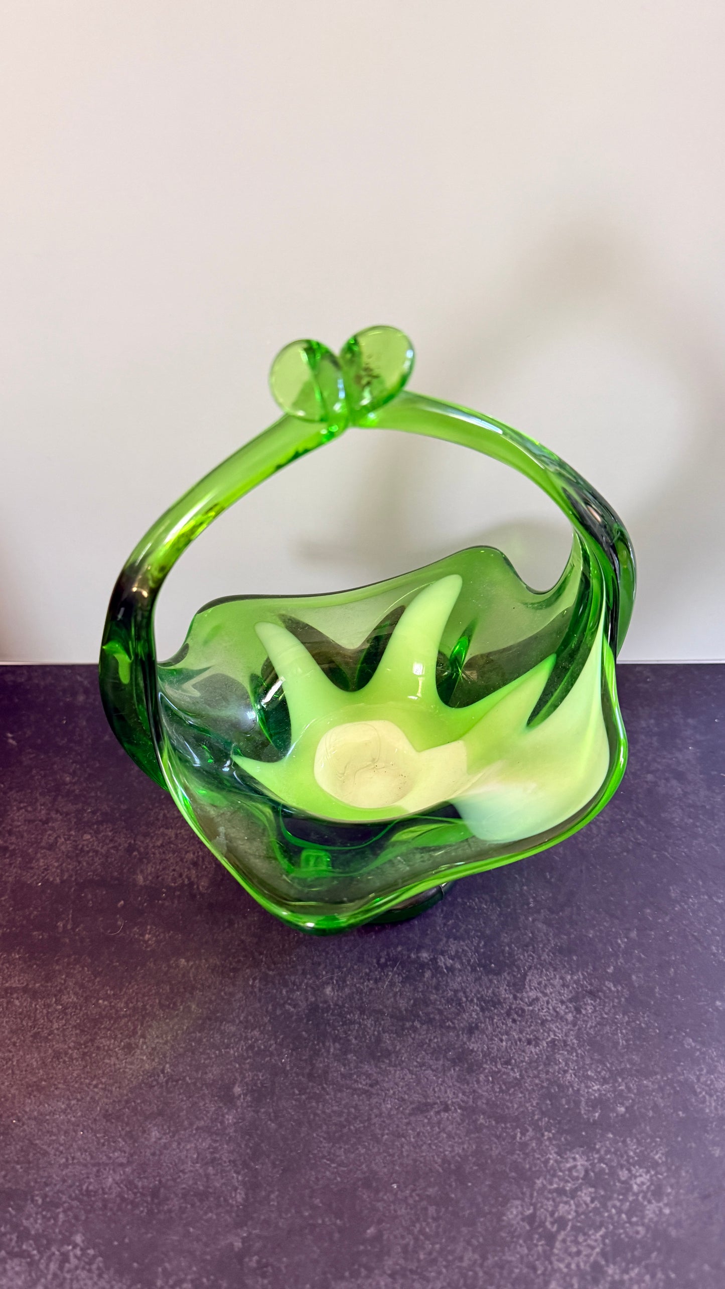 Czech Green Swirt Glass Basket