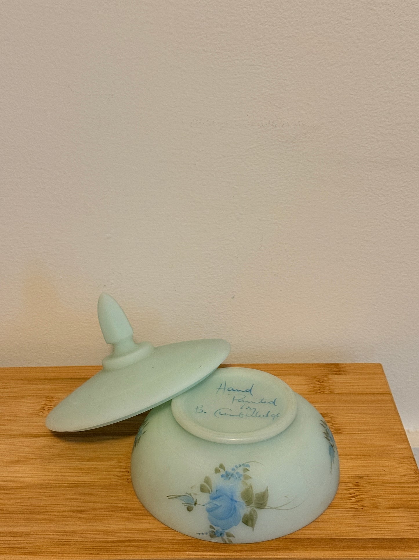Fenton Satin Blue Hand Painted Candy Dish